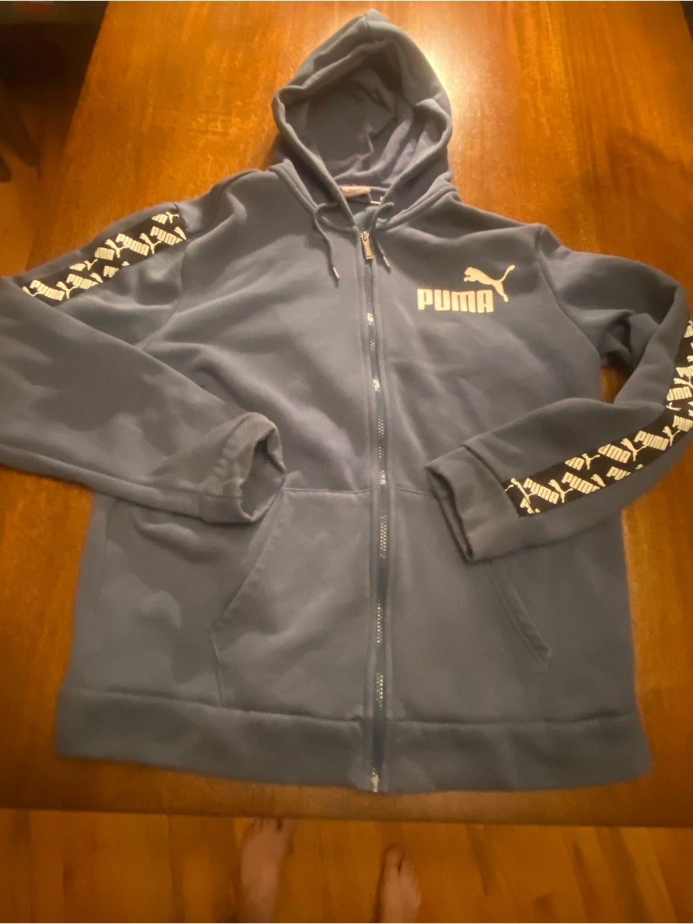 PUMA Mens Large Navy Blue Full Zip Hoodie Jacket Logo Tape Sleeves Sweatshirt